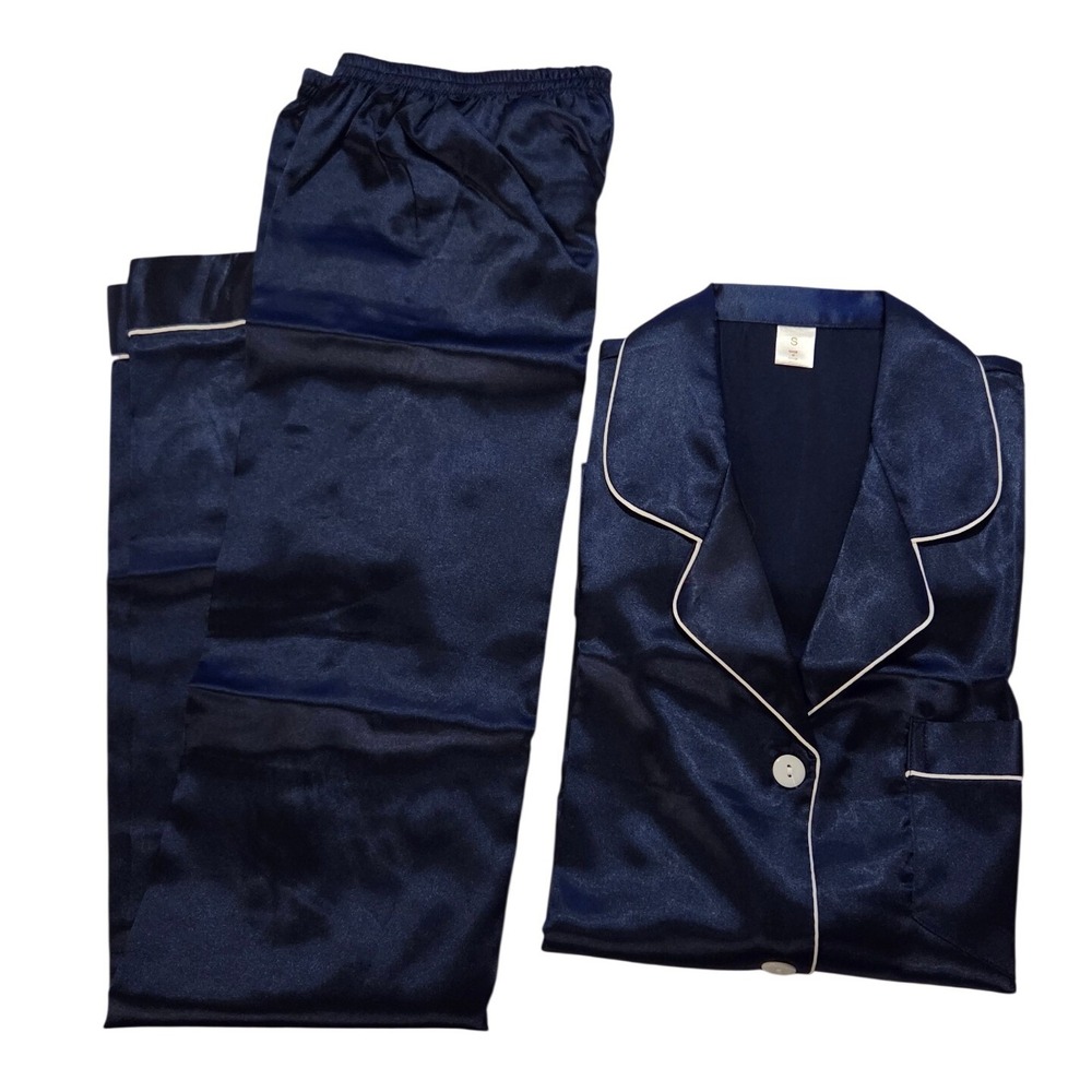 Navy Satin 2 Piece Pajama Set Short Sleeve Button Down Pants White Piping Size S